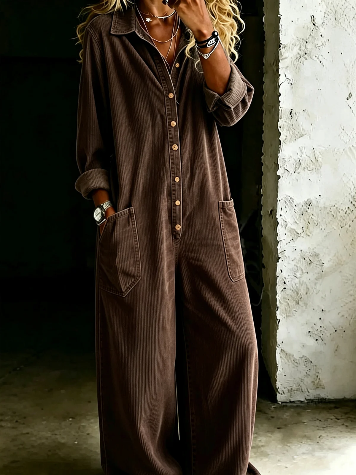 Womens Solid-color Loose-fit Casual Jumpsuit — image 9
