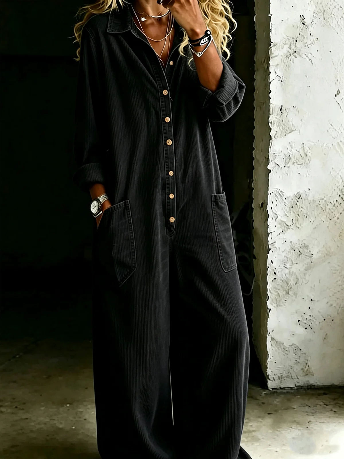 Womens Solid-color Loose-fit Casual Jumpsuit — image 7