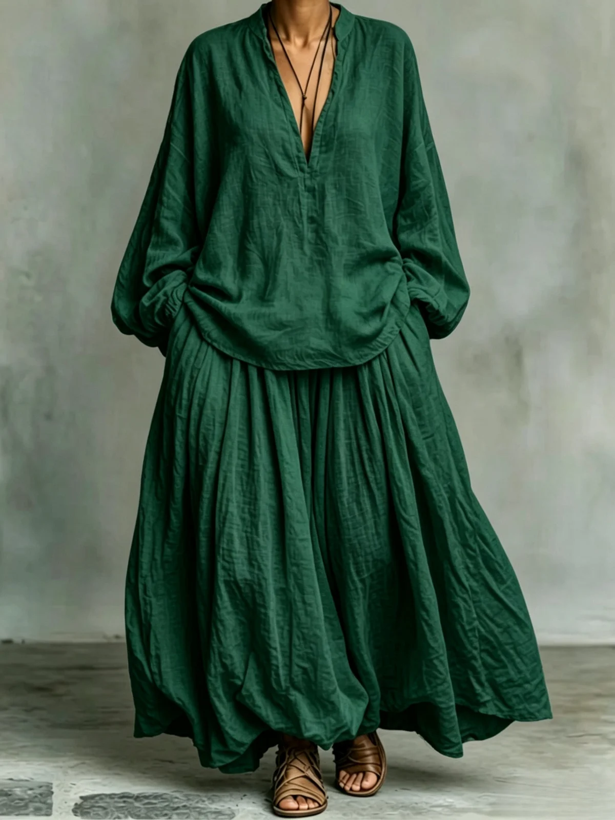 Womens Solid-color Loose-fitting Casual Top And Pants Two-piece Set — image 2