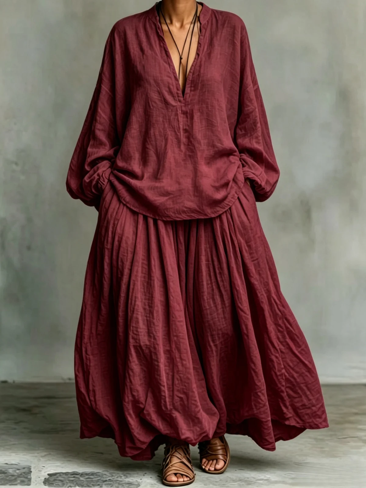 Womens Solid-color Loose-fitting Casual Top And Pants Two-piece Set — image 7