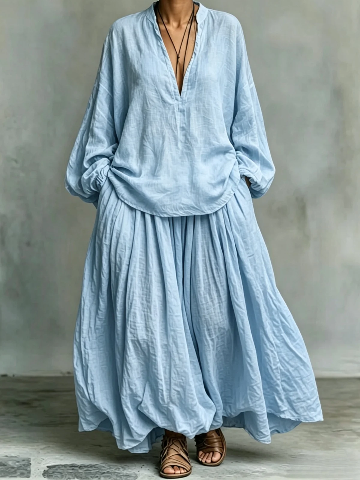 Womens Solid-color Loose-fitting Casual Top And Pants Two-piece Set — image 3