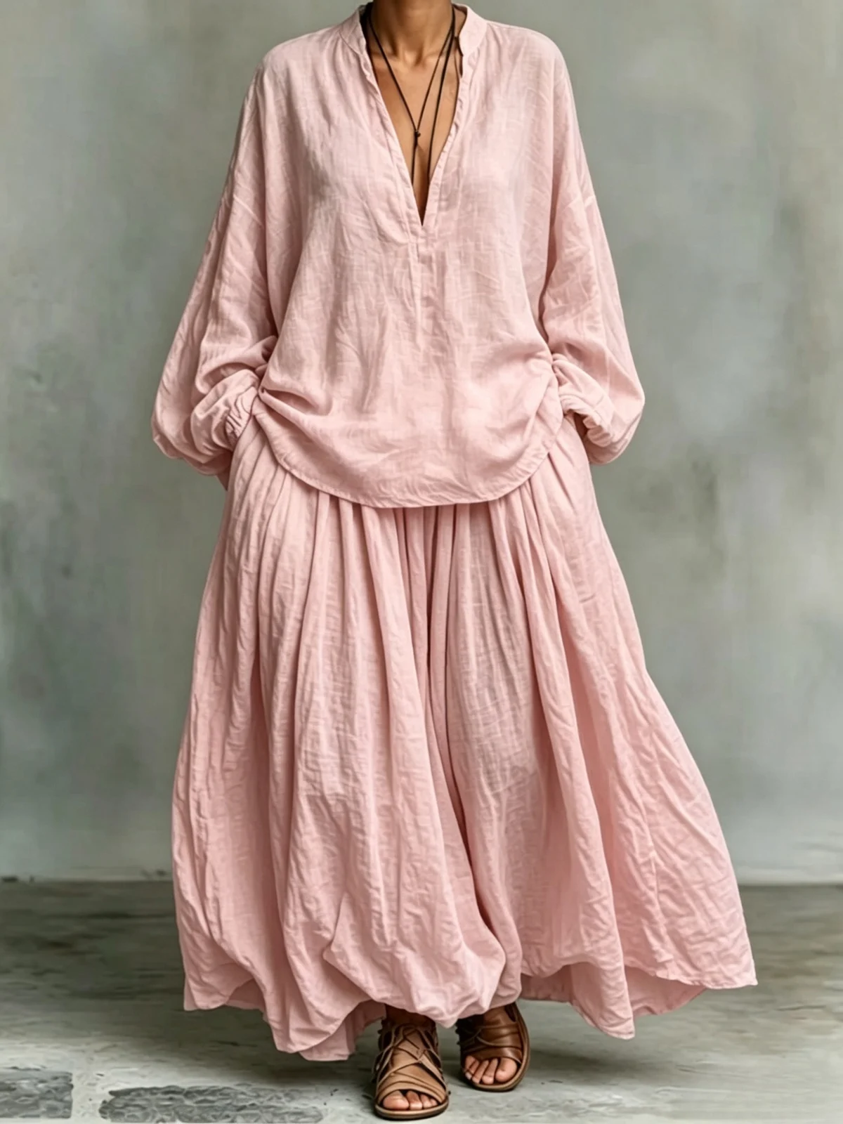 Womens Solid-color Loose-fitting Casual Top And Pants Two-piece Set — image 6
