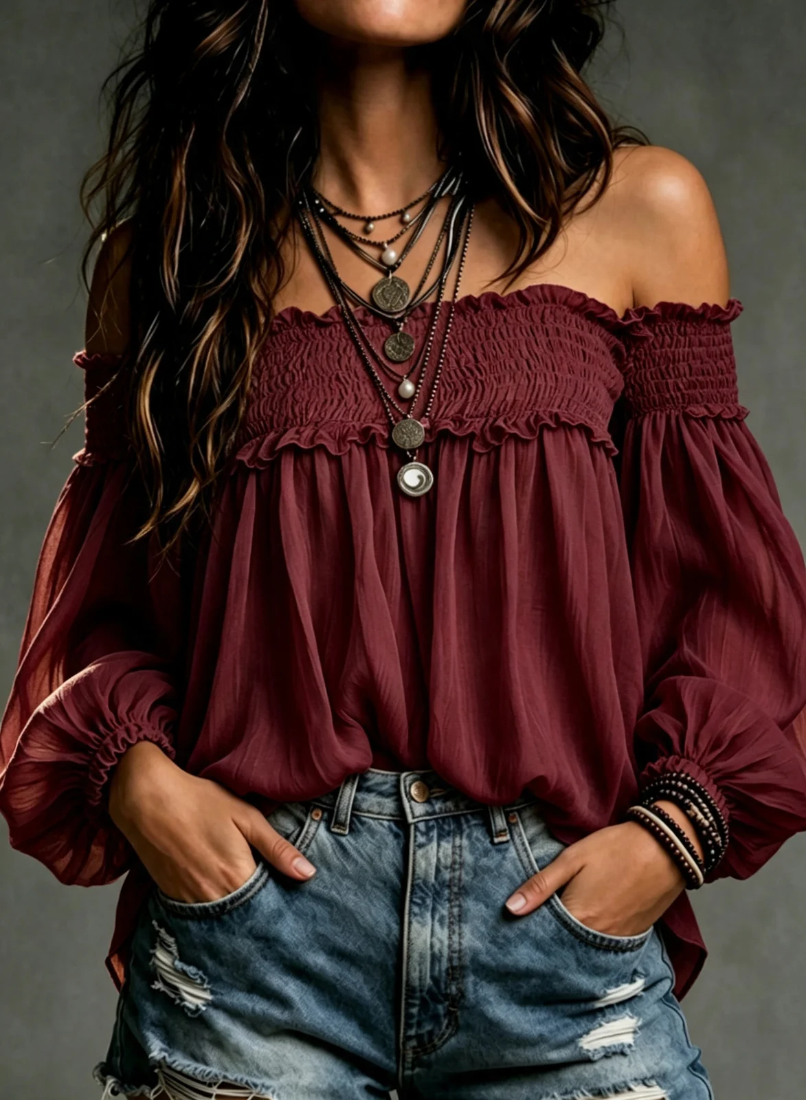 Womens Solid-color Off-shoulder Casual Smocking Top Shirt — image 5
