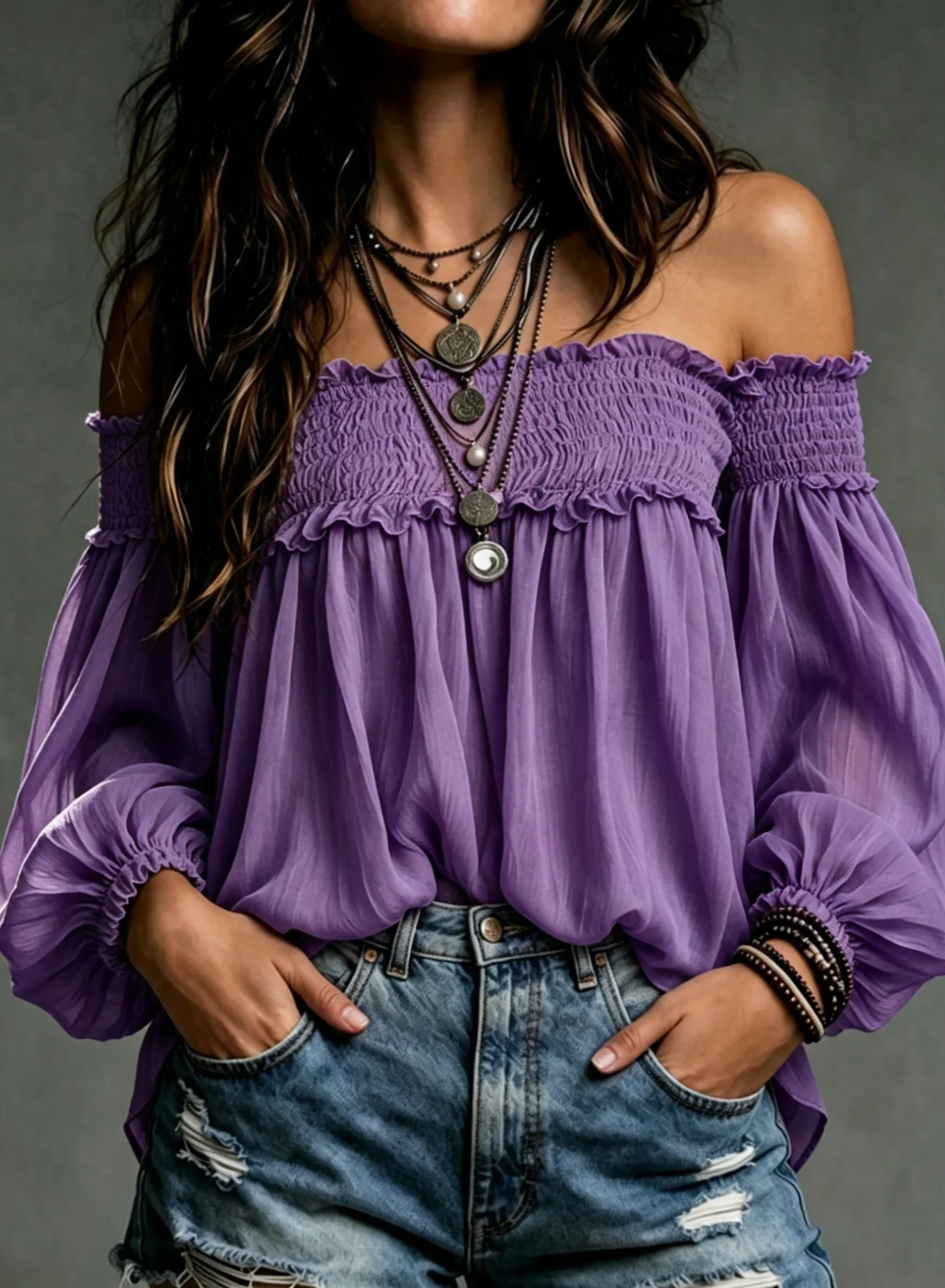 Womens Solid-color Off-shoulder Casual Smocking Top Shirt — image 7