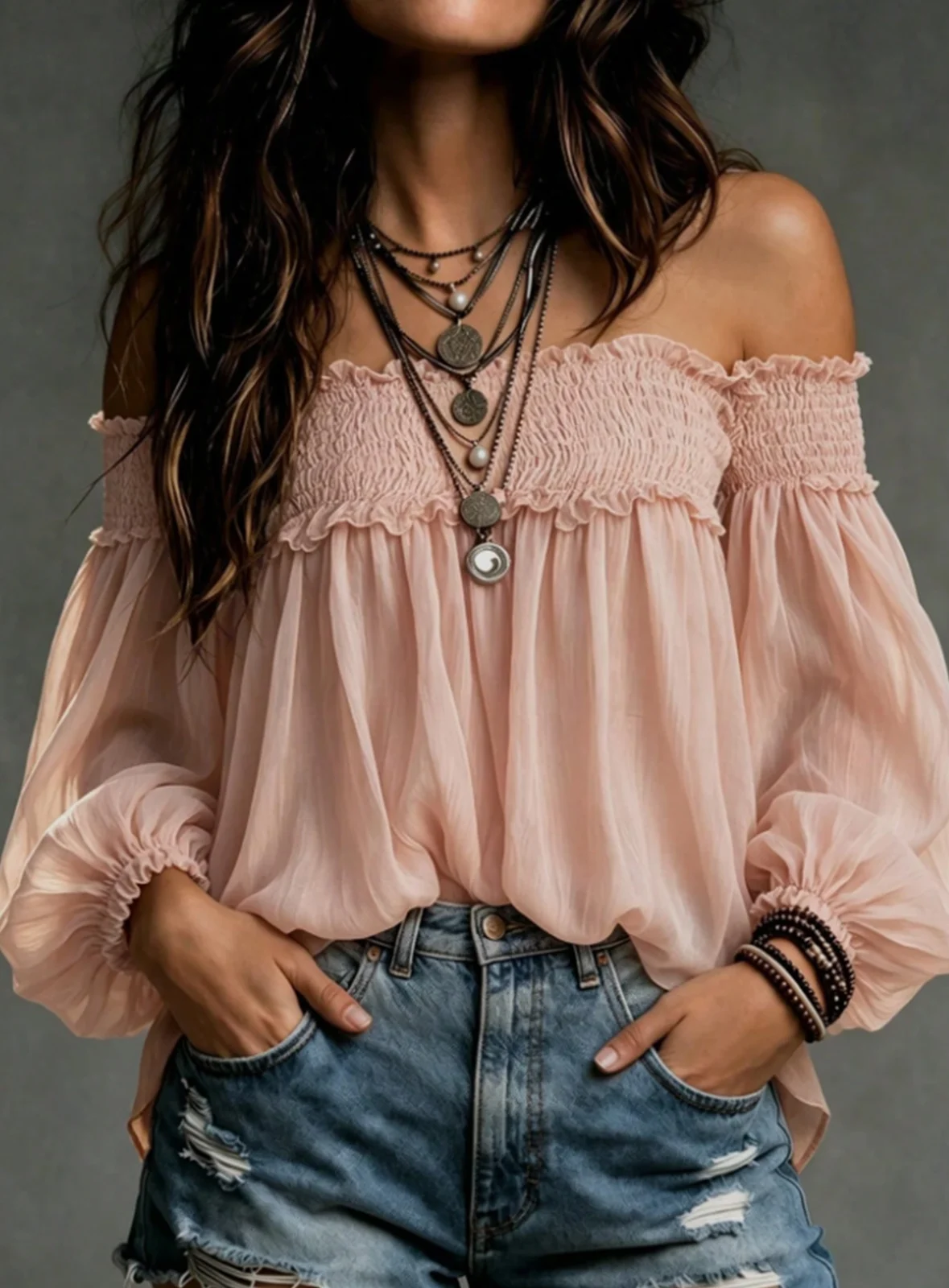 Womens Solid-color Off-shoulder Casual Smocking Top Shirt — image 9