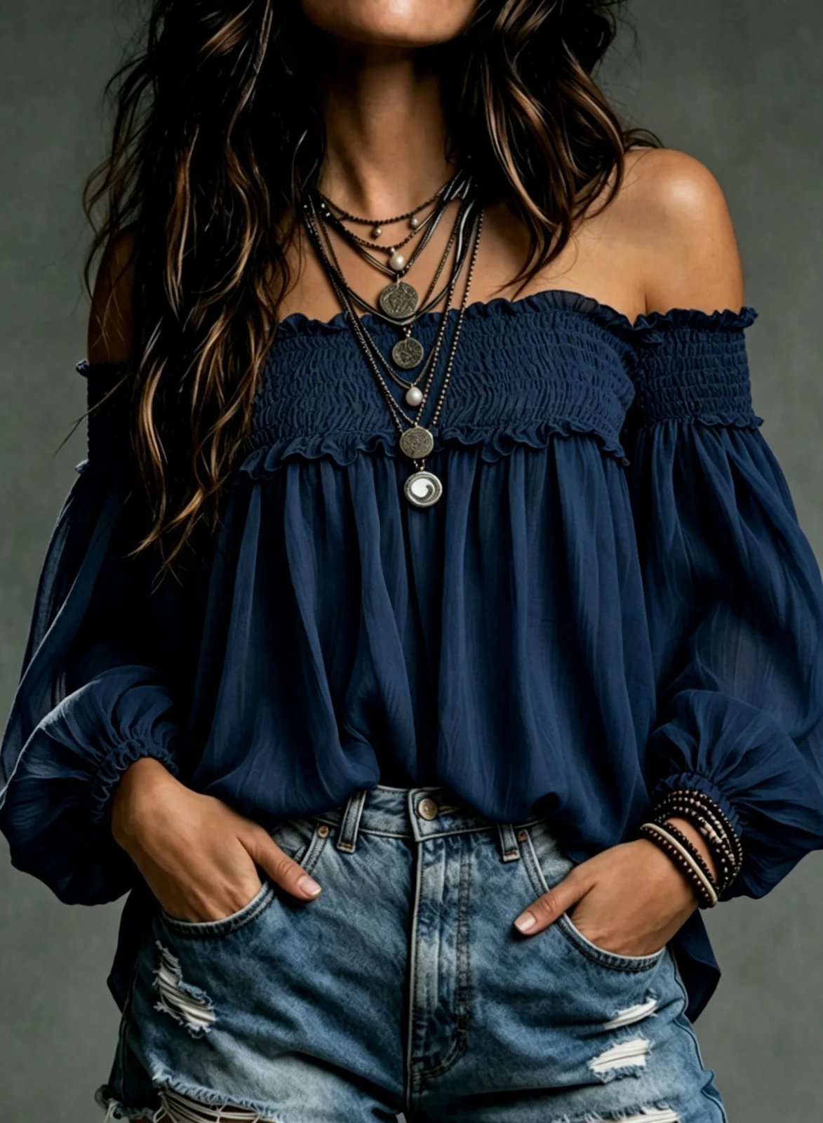 Womens Solid-color Off-shoulder Casual Smocking Top Shirt — image 4