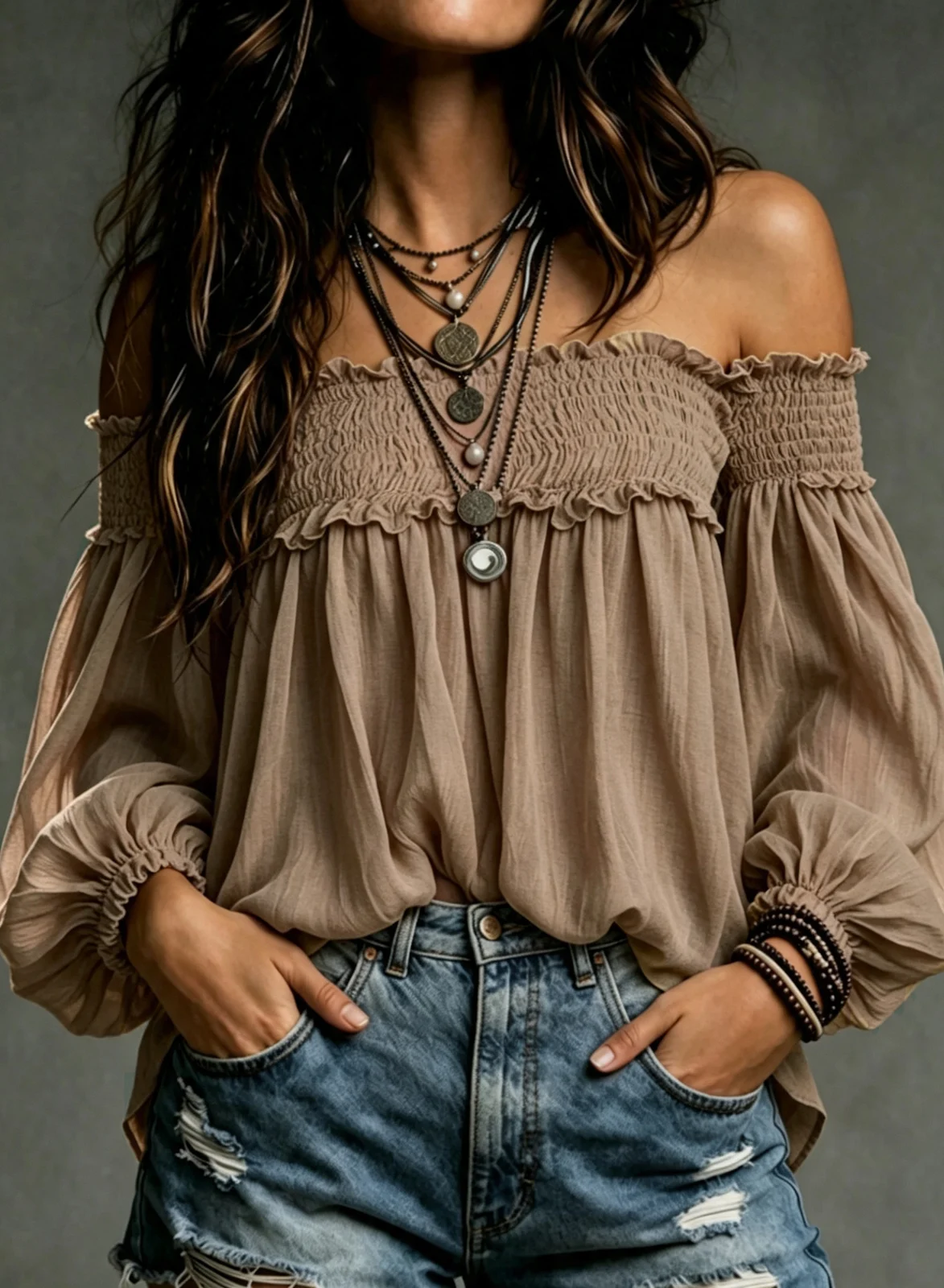 Womens Solid-color Off-shoulder Casual Smocking Top Shirt — image 6