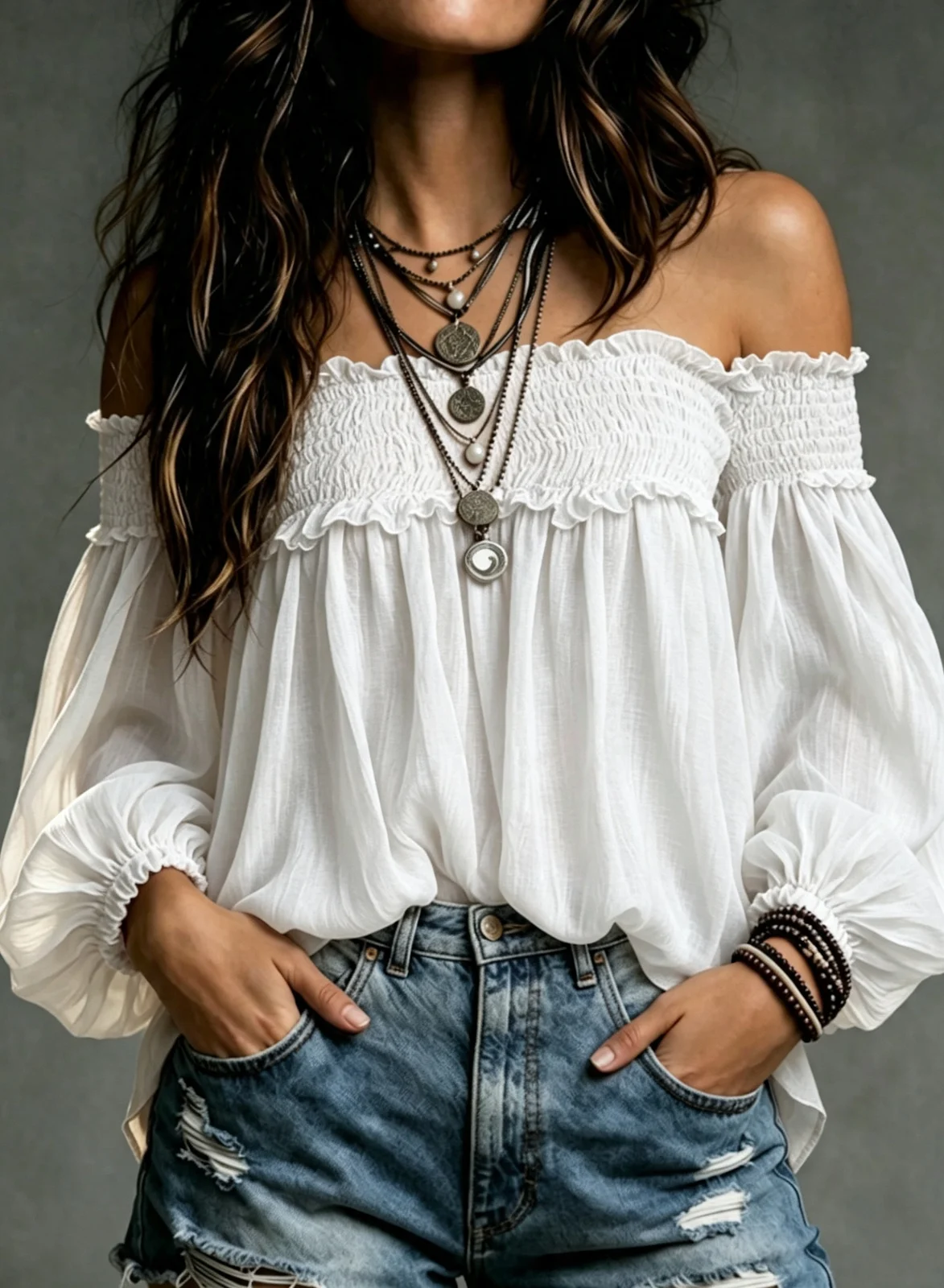Womens Solid-color Off-shoulder Casual Smocking Top Shirt — image 10