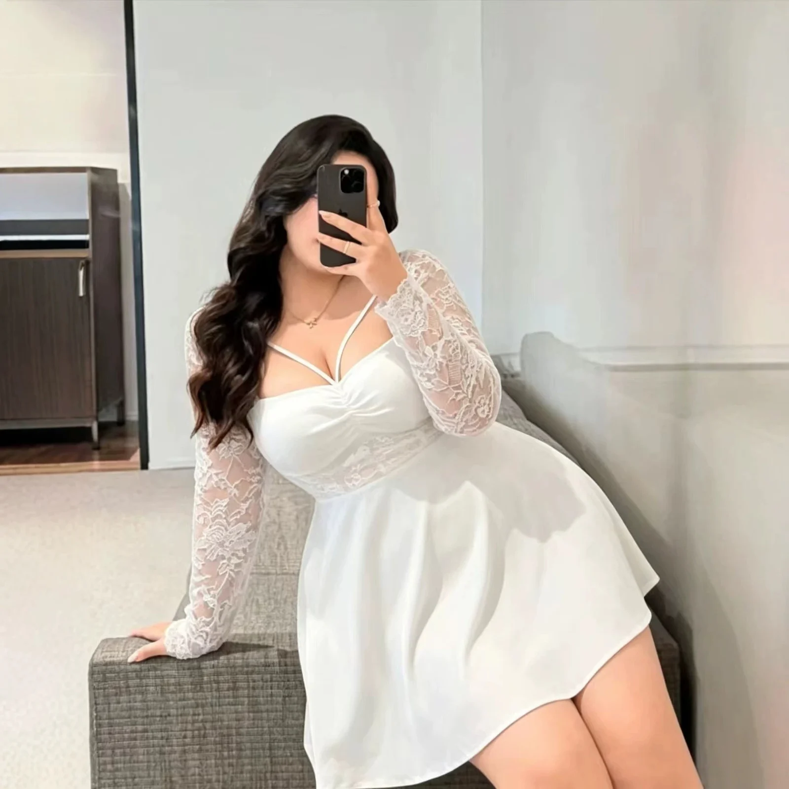 Womens Solid-color Patchwork Lace Square-neck Long-sleeve Dress — image 6