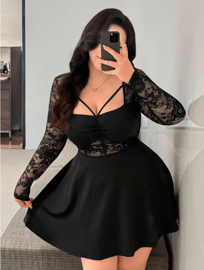 Womens Solid-color Patchwork Lace Square-neck Long-sleeve Dress — image 3
