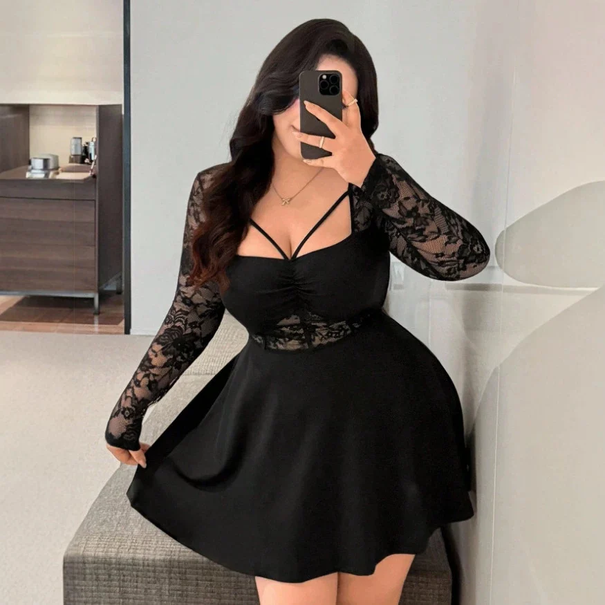 Womens Solid-color Patchwork Lace Square-neck Long-sleeve Dress — image 4