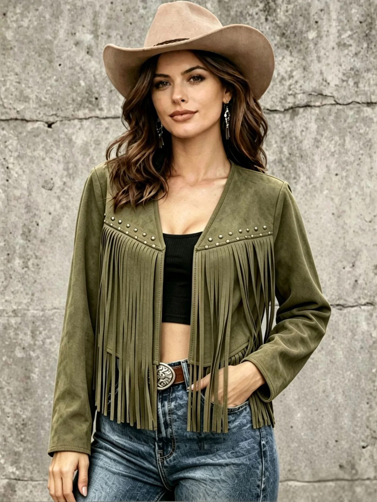 Womens Solid-color Rivet-embellished Long-sleeve Cardigan Coat — image 5