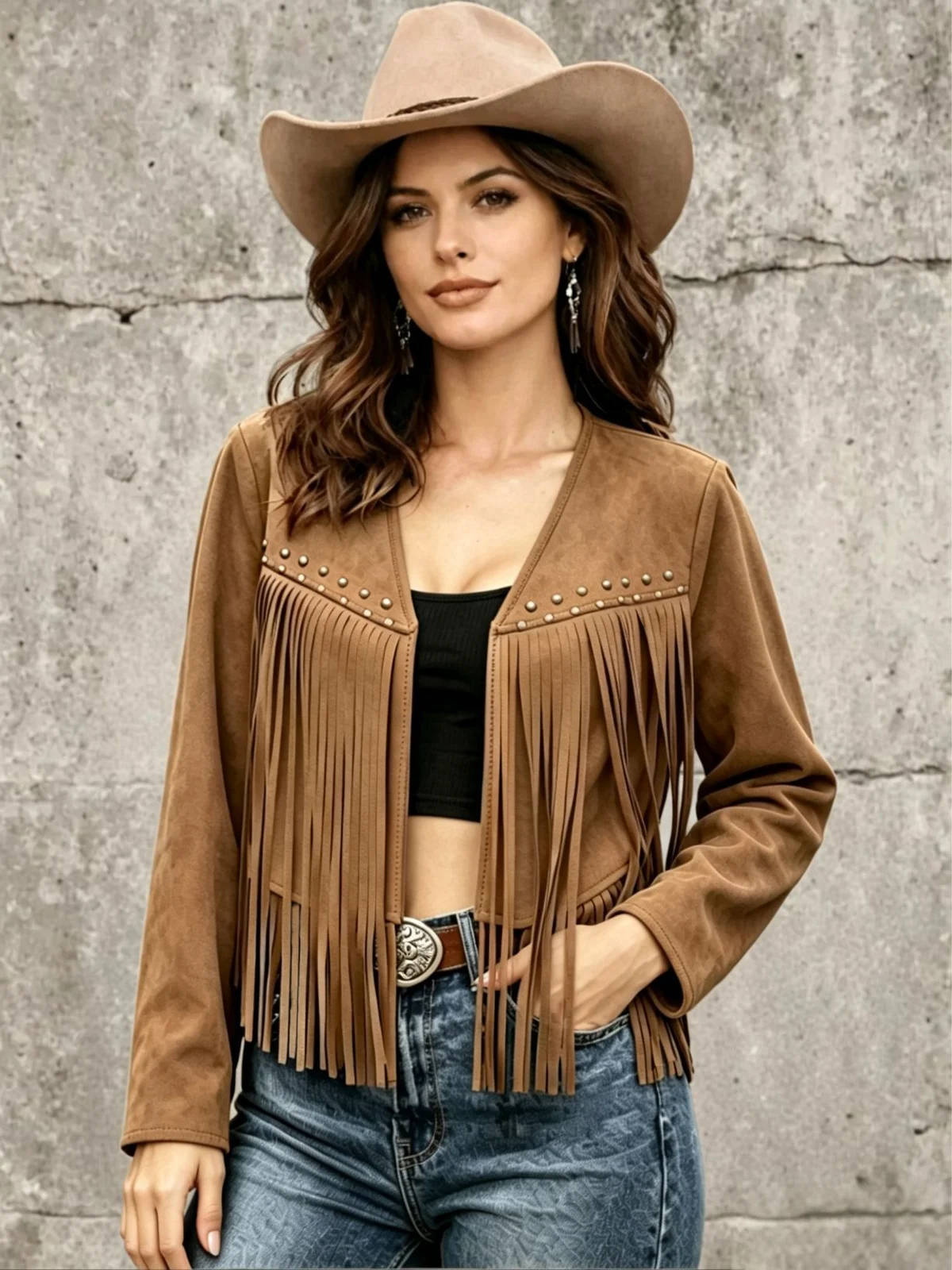 Womens Solid-color Rivet-embellished Long-sleeve Cardigan Coat — image 4