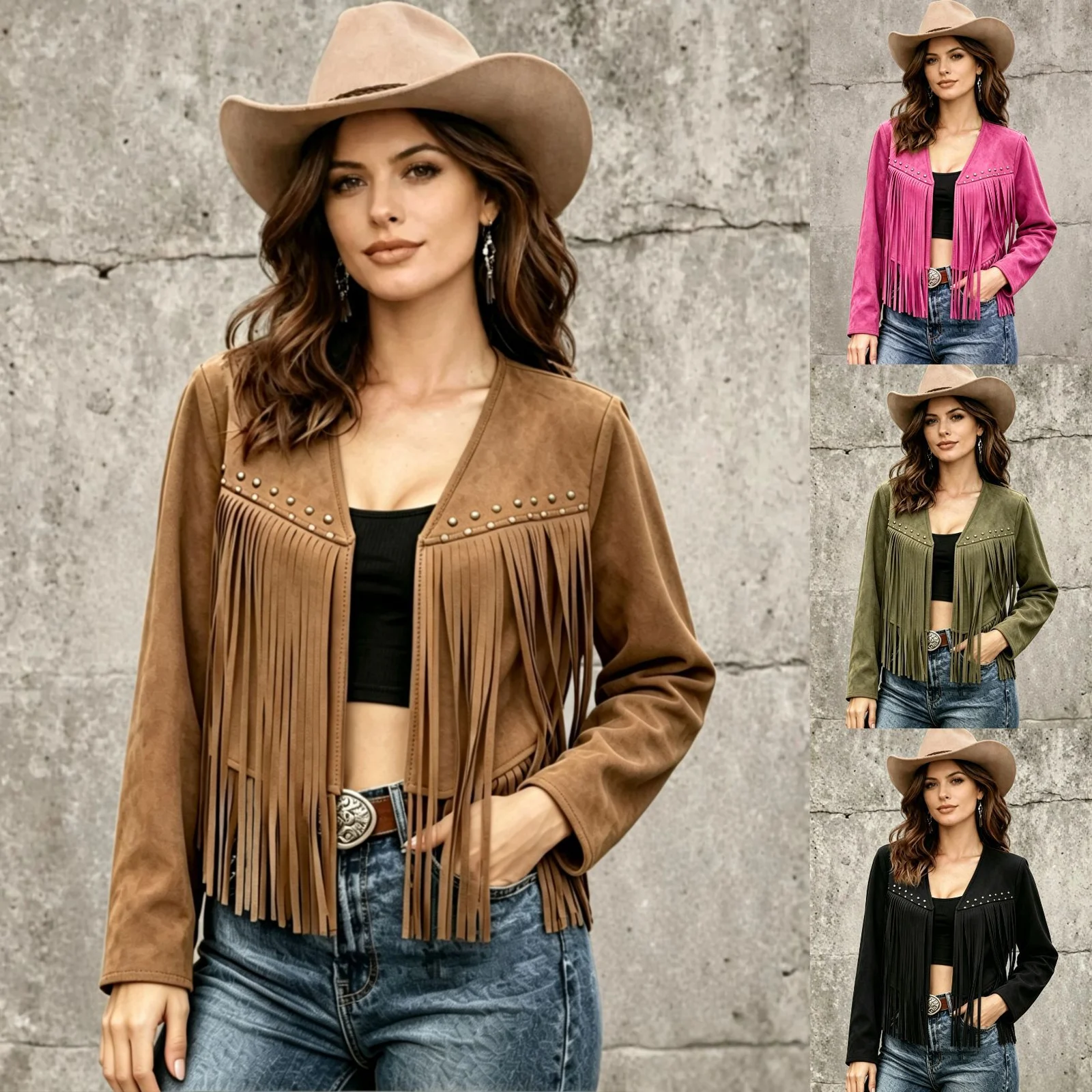 Womens Solid-color Rivet-embellished Long-sleeve Cardigan Coat — image 8