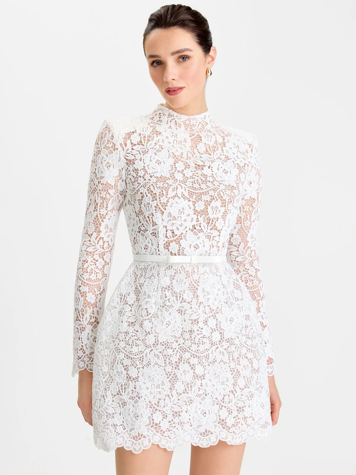 Womens Solid-color Three-dimensional Lace Stand-neck Long-sleeve Dress — image 5