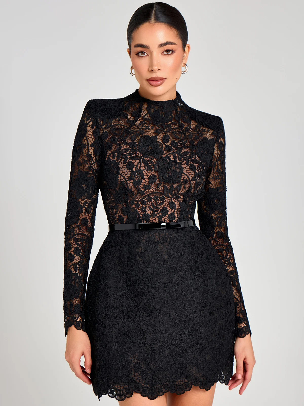 Womens Solid-color Three-dimensional Lace Stand-neck Long-sleeve Dress — image 3
