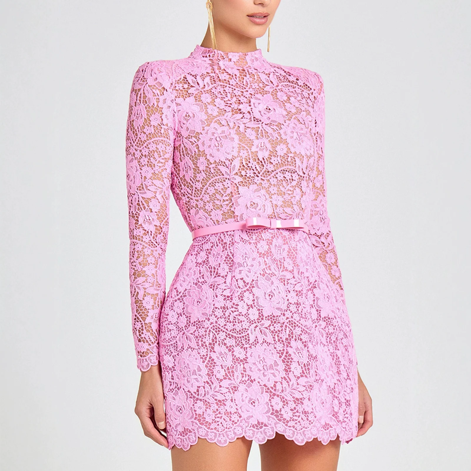 Womens Solid-color Three-dimensional Lace Stand-neck Long-sleeve Dress — image 6