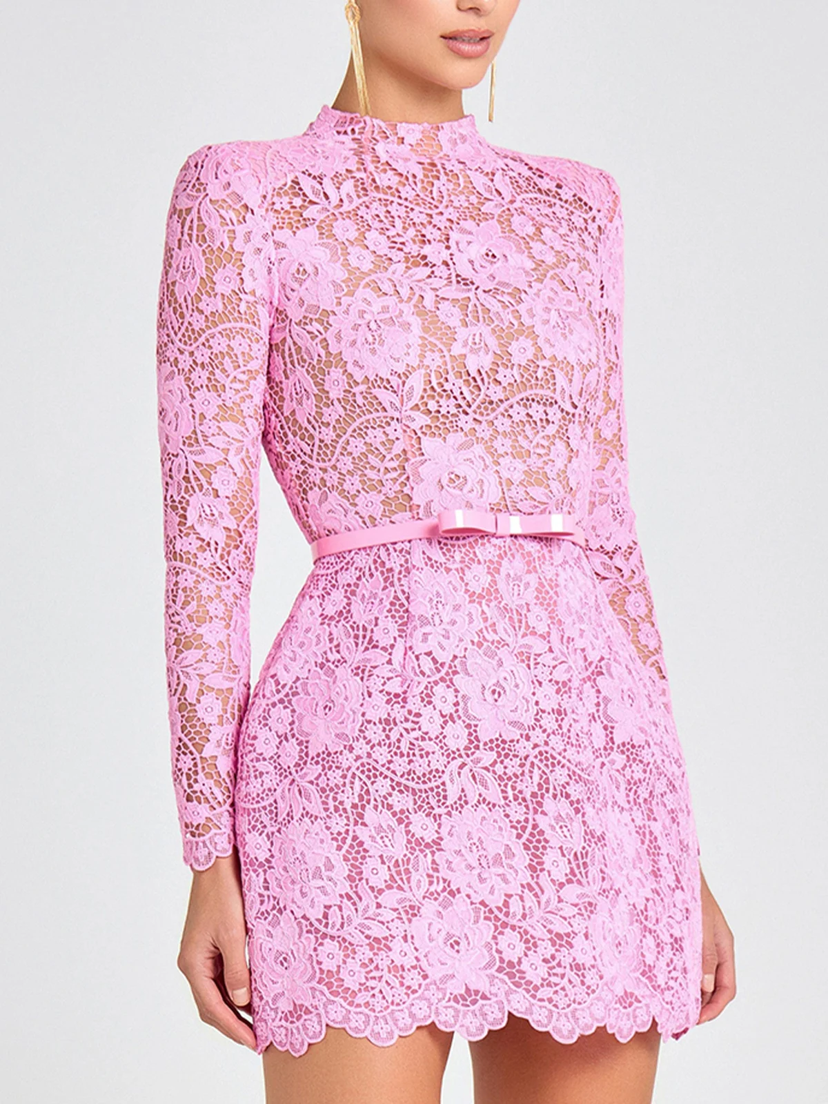 Womens Solid-color Three-dimensional Lace Stand-neck Long-sleeve Dress — image 2