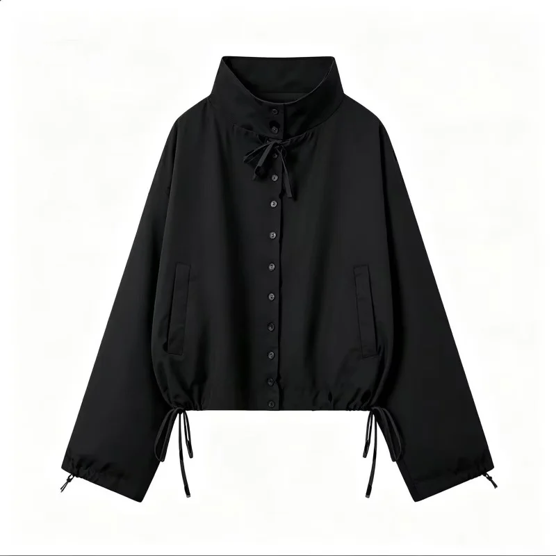 Womens Stand-collar Coat With A Drawstring Hem And Tie Detail — image 3