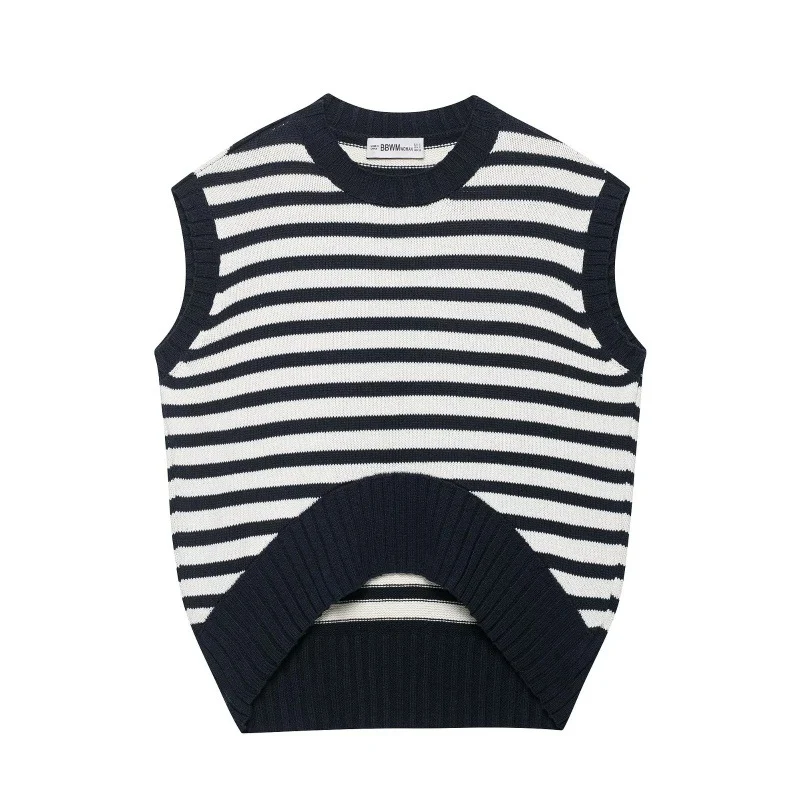 Womens Striped Knitted Asymmetric Hem Tank Top — image 1