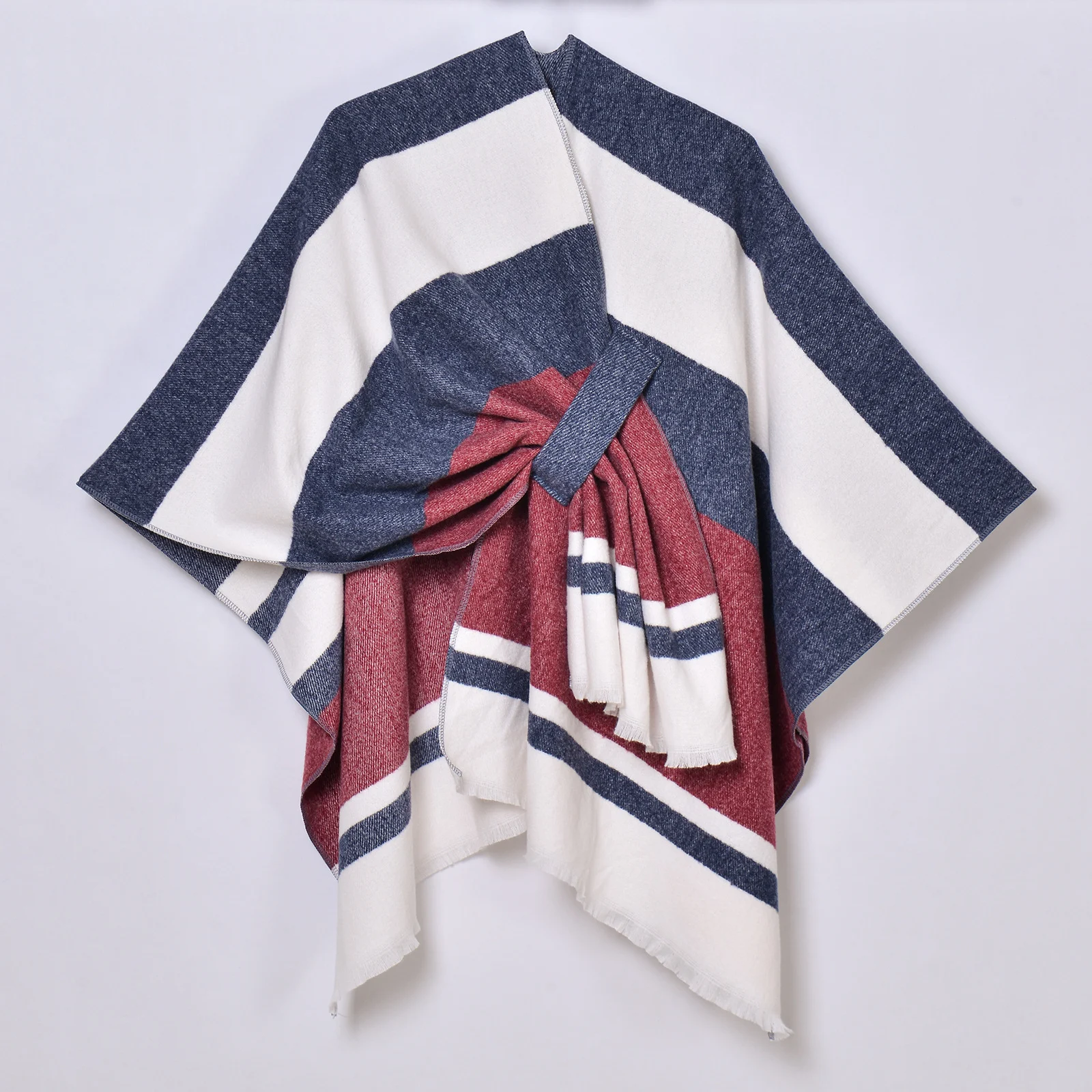 Womens Striped Tassel Cross-strap Warm Cape Shawl — image 7