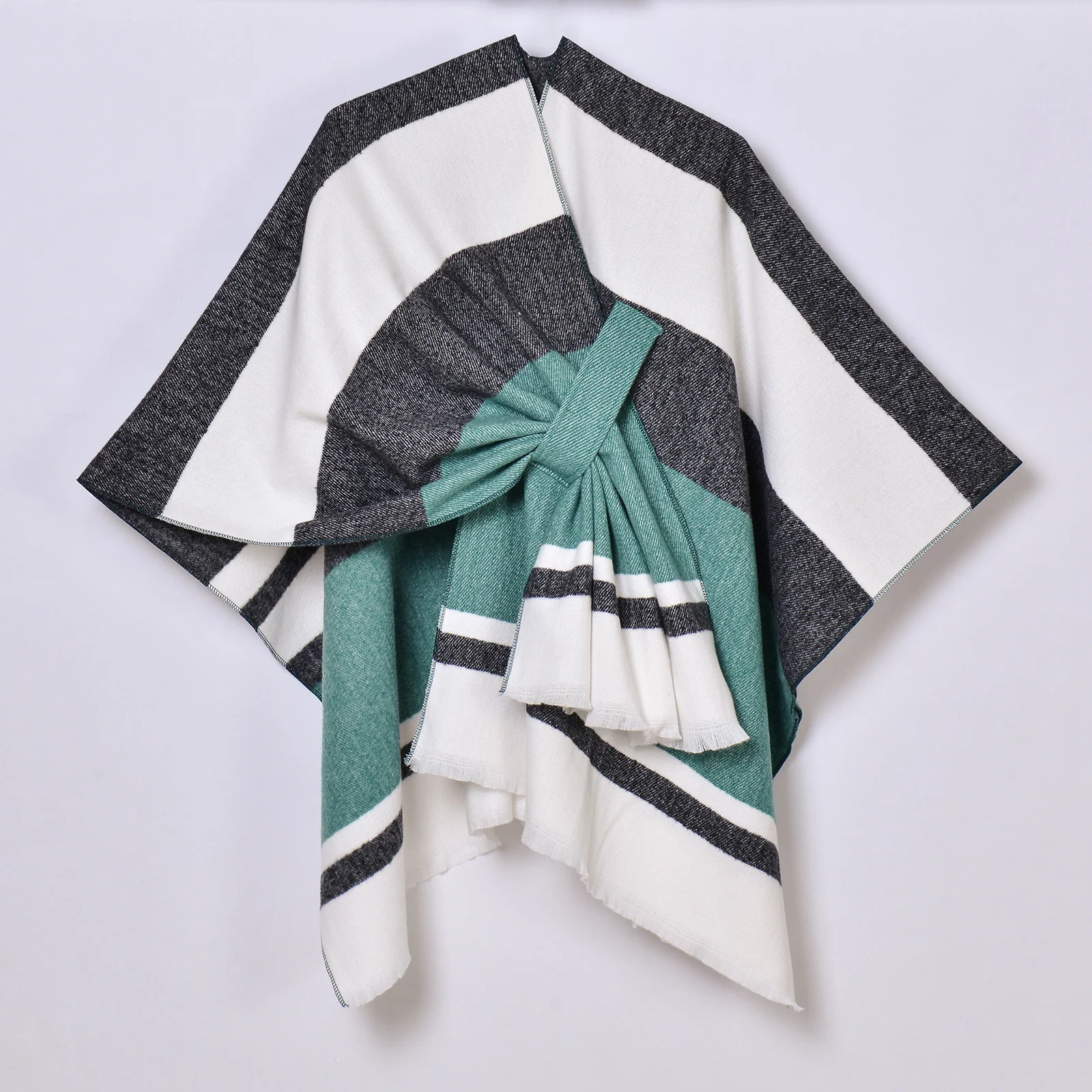Womens Striped Tassel Cross-strap Warm Cape Shawl — image 2
