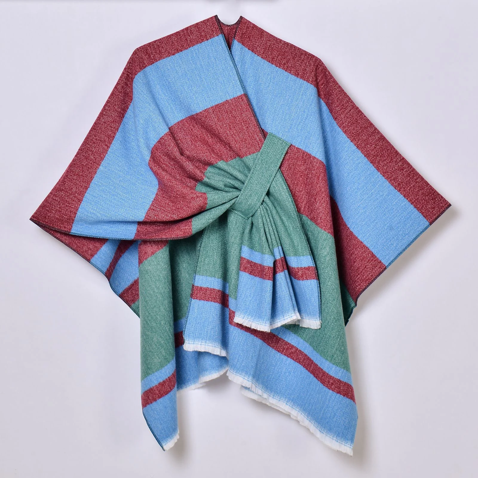 Womens Striped Tassel Cross-strap Warm Cape Shawl — variant image