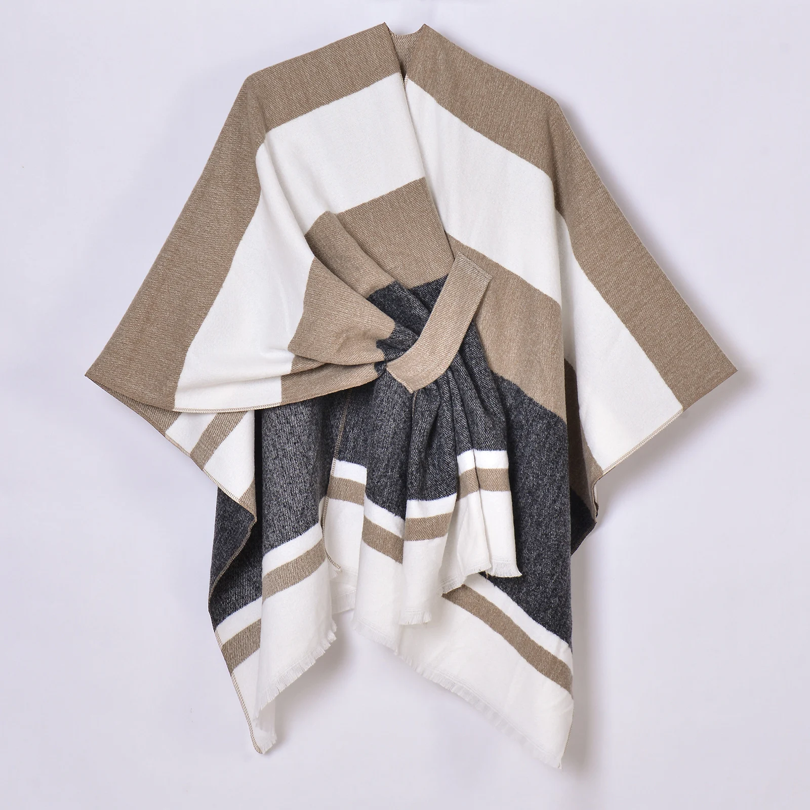Womens Striped Tassel Cross-strap Warm Cape Shawl — image 4