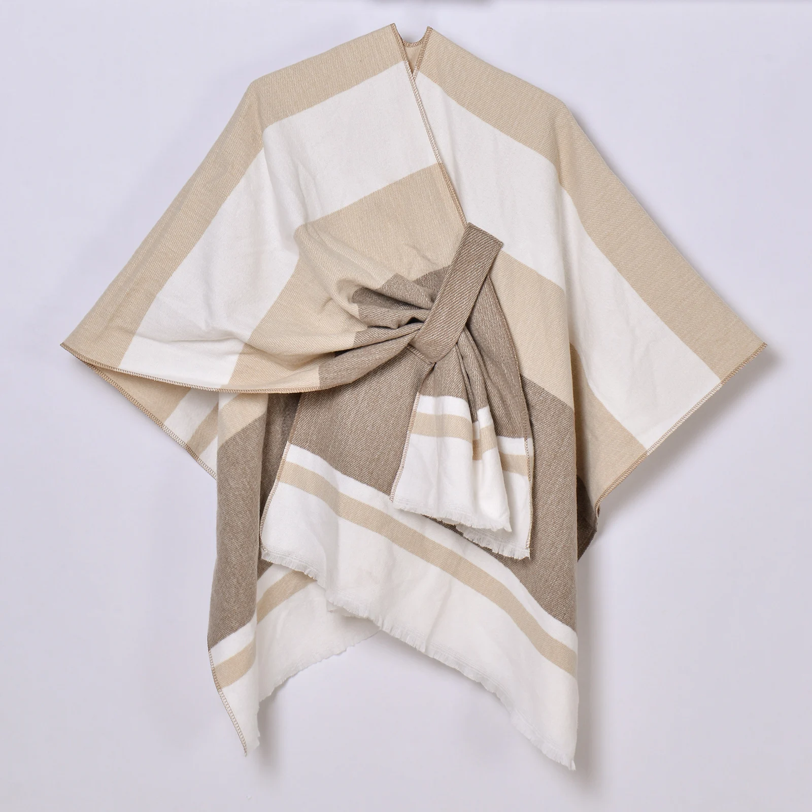 Womens Striped Tassel Cross-strap Warm Cape Shawl — image 3