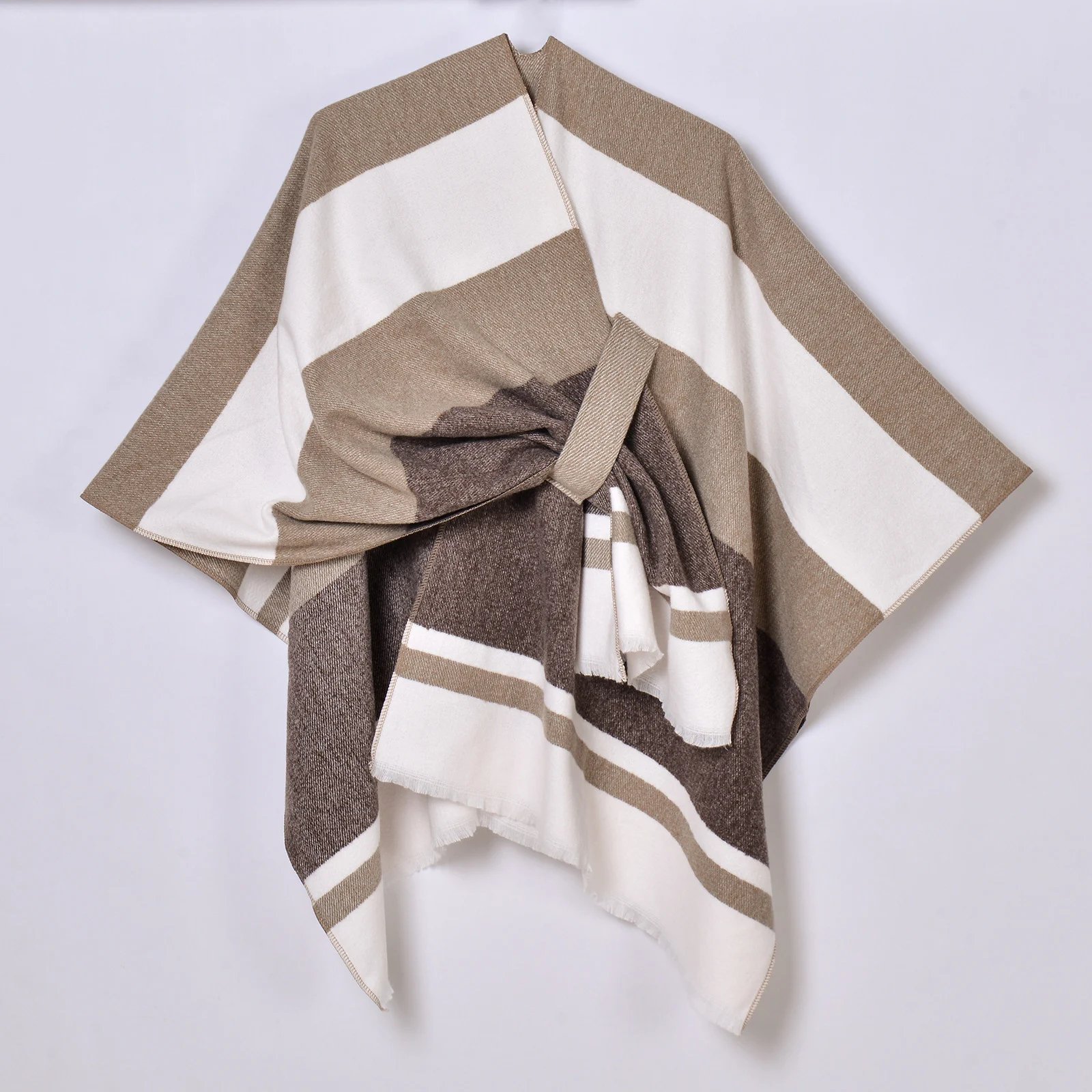 Womens Striped Tassel Cross-strap Warm Cape Shawl — image 5