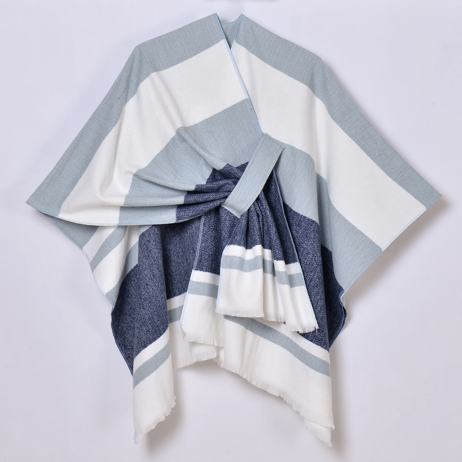 Womens Striped Tassel Cross-strap Warm Cape Shawl — variant image