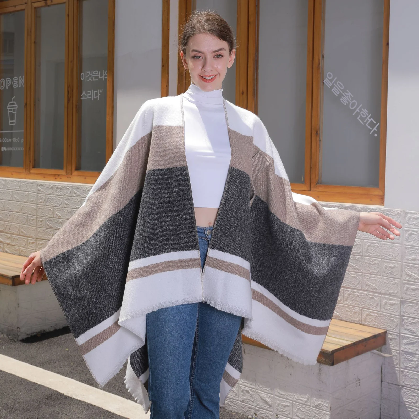 Womens Striped Tassel Cross-strap Warm Cape Shawl — image 6