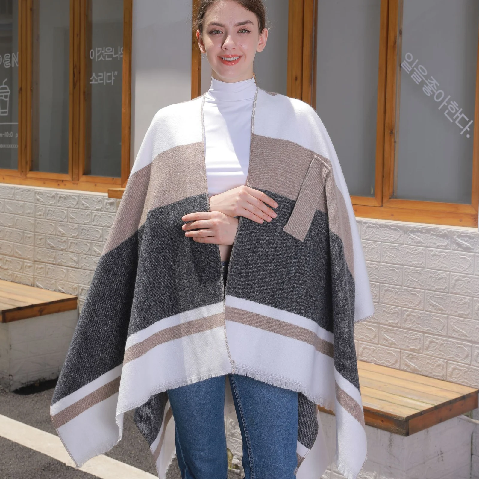 Womens Striped Tassel Cross-strap Warm Cape Shawl — image 8