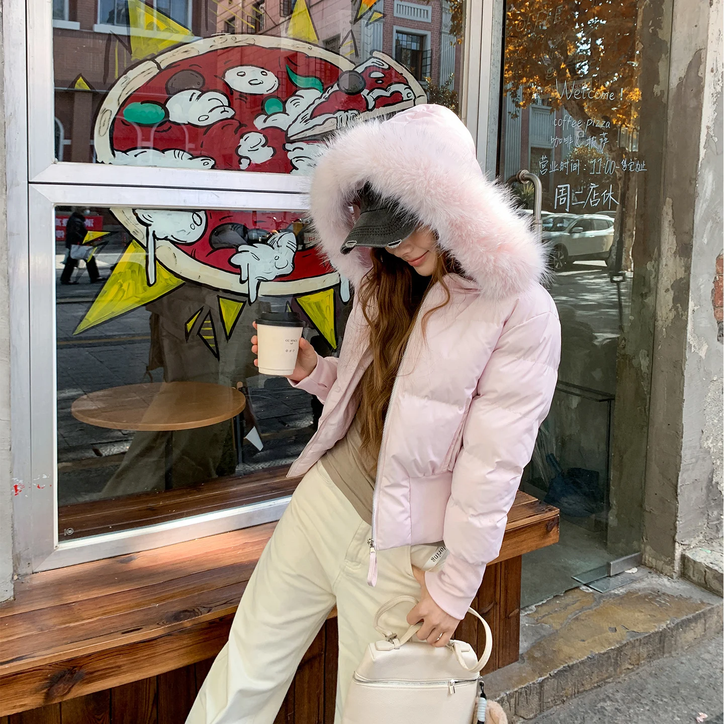 Womens Stylish Waist-cinching Figure-flattering Cropped Coat With A Large Fur-lined Hood — image 6