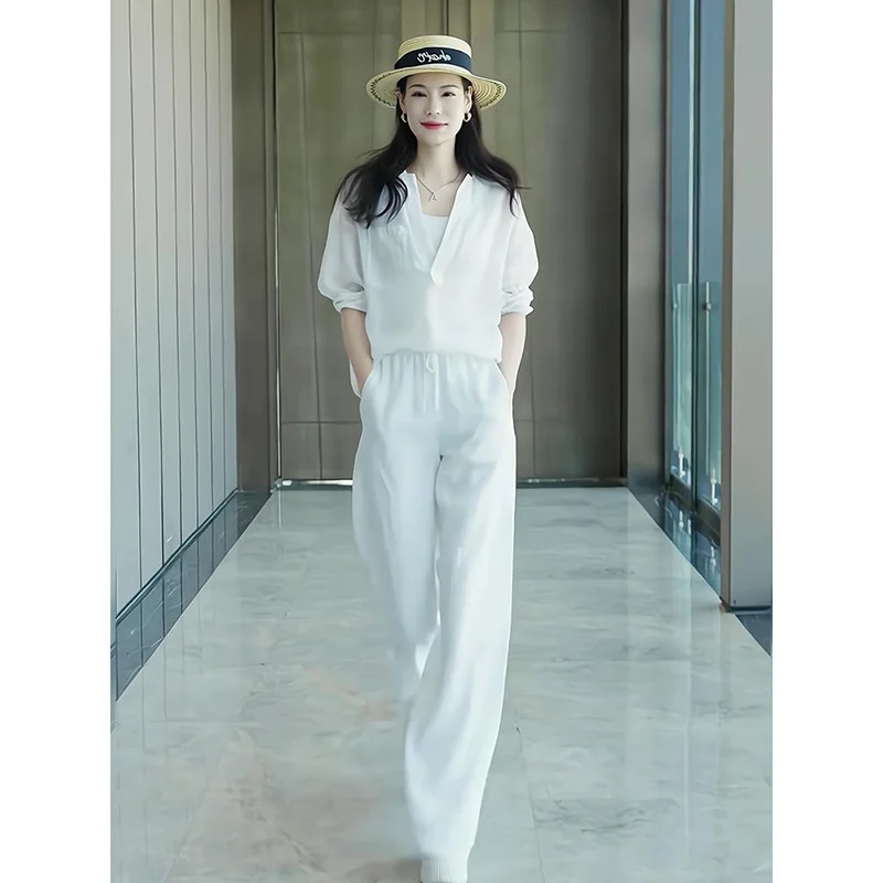Womens Two-piece Set White Long-sleeve Shirt And Long Pants — image 2
