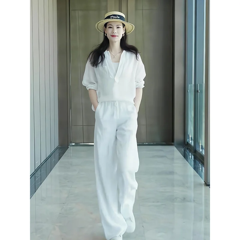 Womens Two-piece Set White Long-sleeve Shirt And Long Pants — image 3