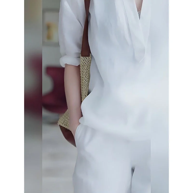 Womens Two-piece Set White Long-sleeve Shirt And Long Pants — image 4