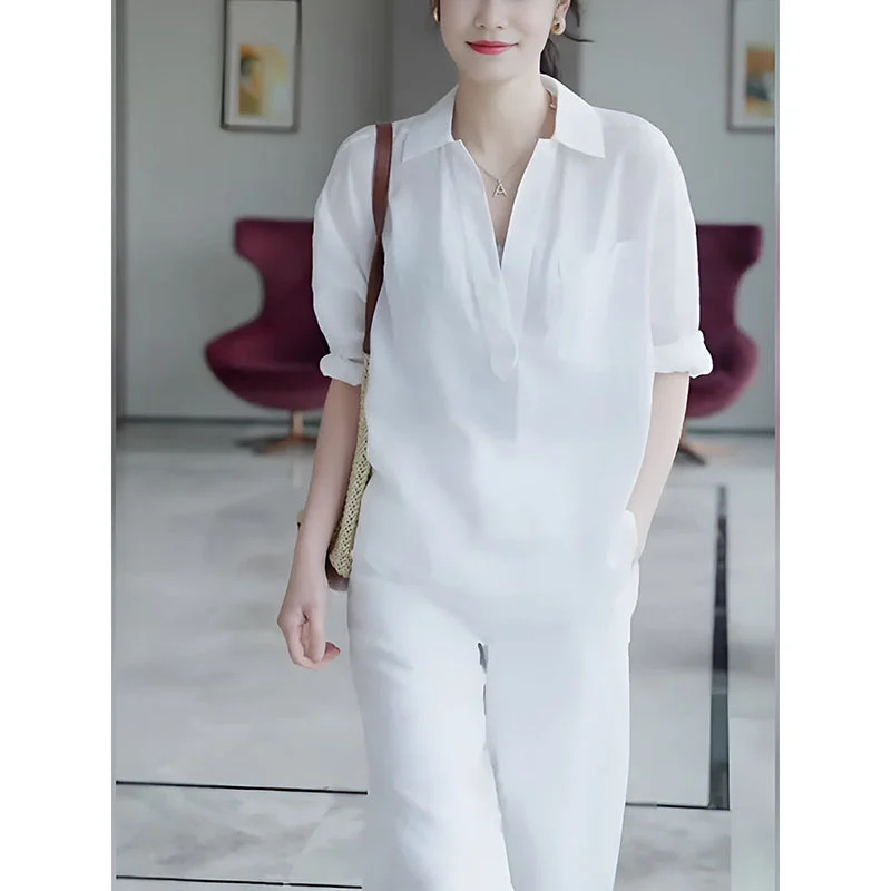 Womens Two-piece Set White Long-sleeve Shirt And Long Pants — image 5