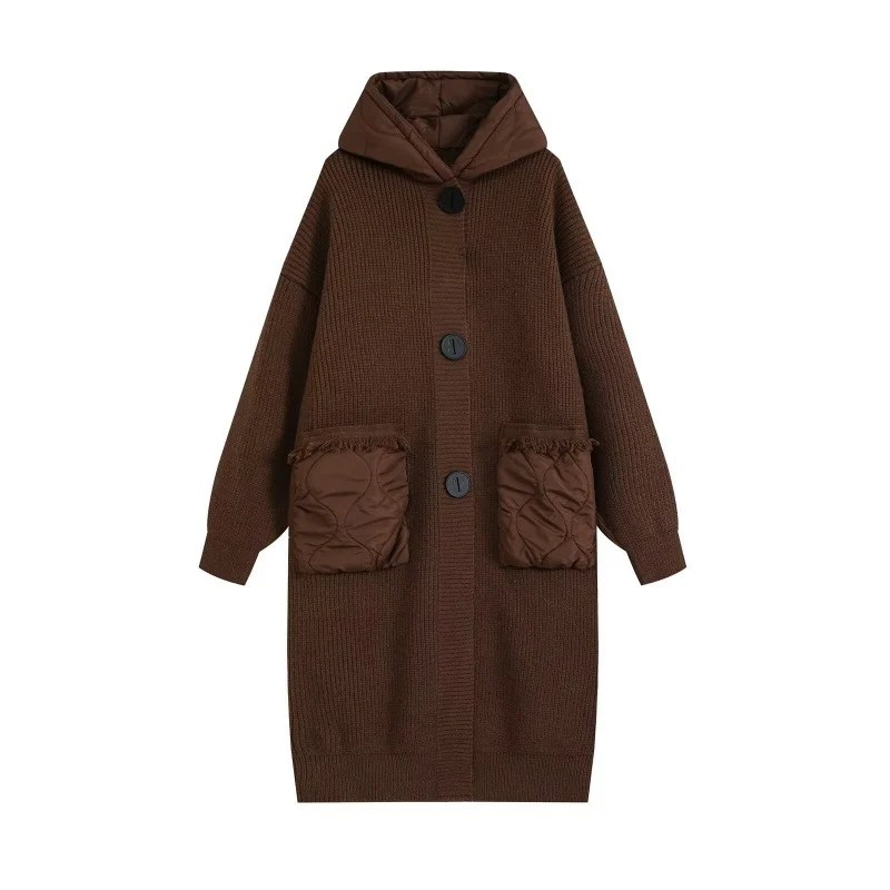 Womens Warm Hooded Knitted Coat With Large Pockets And Quilted Lining Long Style — image 2