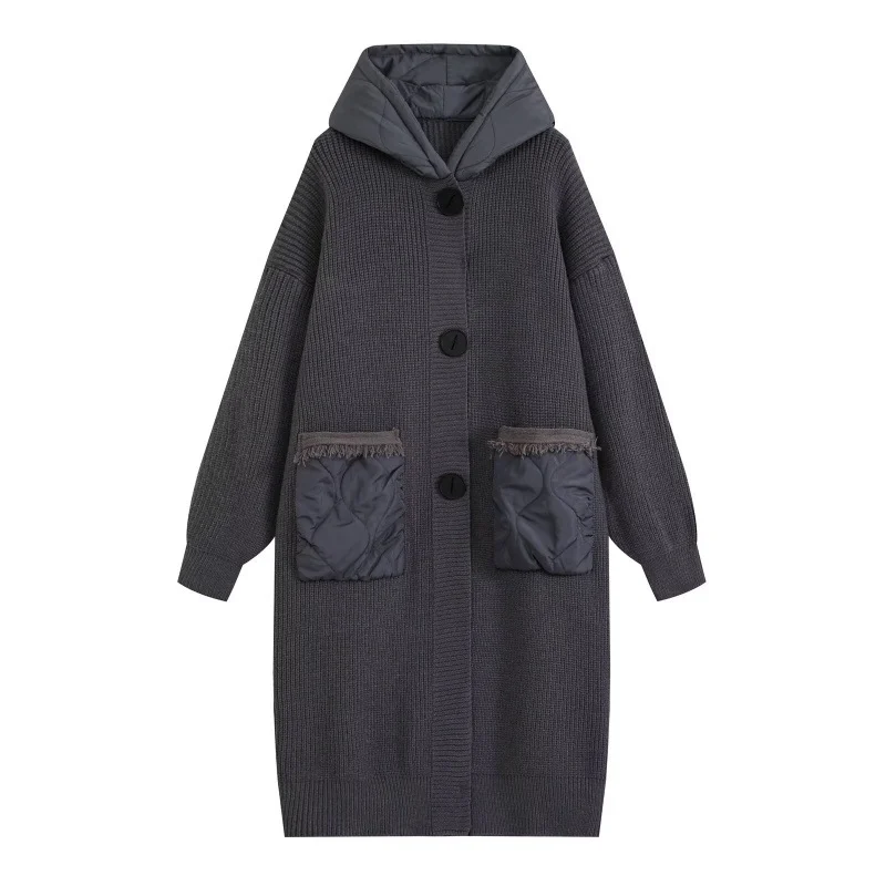 Womens Warm Hooded Knitted Coat With Large Pockets And Quilted Lining Long Style — image 3