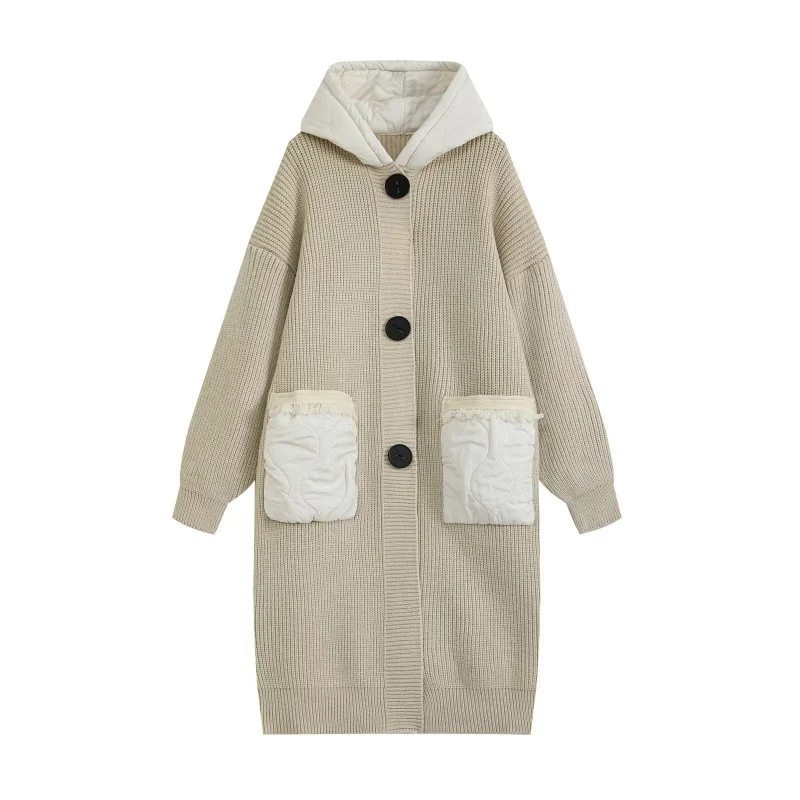 Womens Warm Hooded Knitted Coat With Large Pockets And Quilted Lining Long Style — image 4