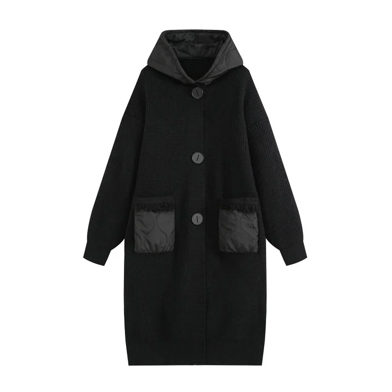 Womens Warm Hooded Knitted Coat With Large Pockets And Quilted Lining Long Style — image 1