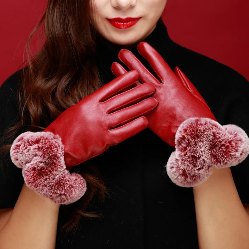Womens Winter Fashionable Leather Touchscreen Gloves With A Wide U-shape Cuff — image 2
