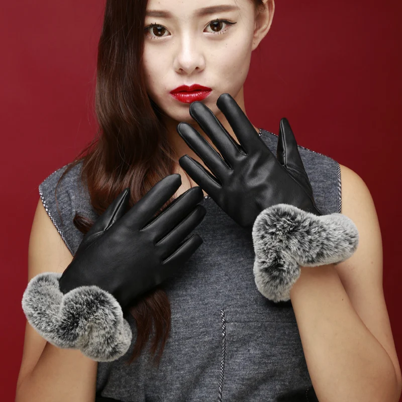 Womens Winter Fashionable Leather Touchscreen Gloves With A Wide U-shape Cuff — image 6