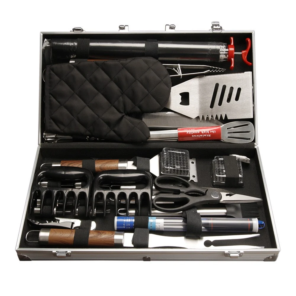 Wood-grain BBQ Aluminum Box With Wooden Handle Outdoor Picnic Grill Set — image 3