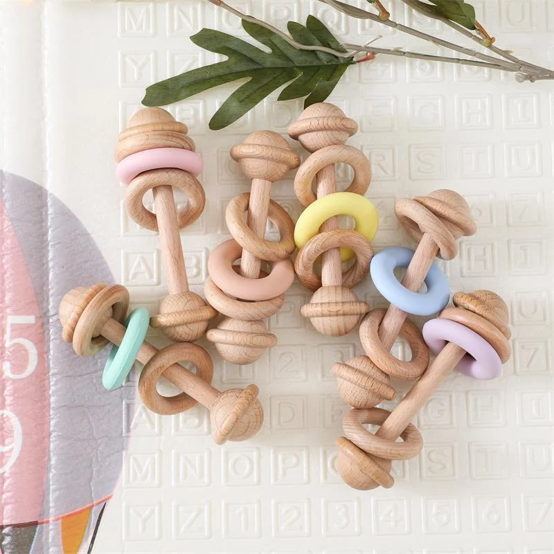 Wooden Silicone Ring Dumbbell-shaped Baby Rattle — image 5