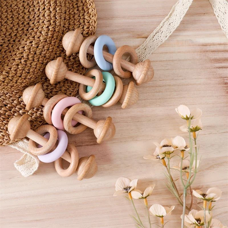 Wooden Silicone Ring Dumbbell-shaped Baby Rattle — image 6