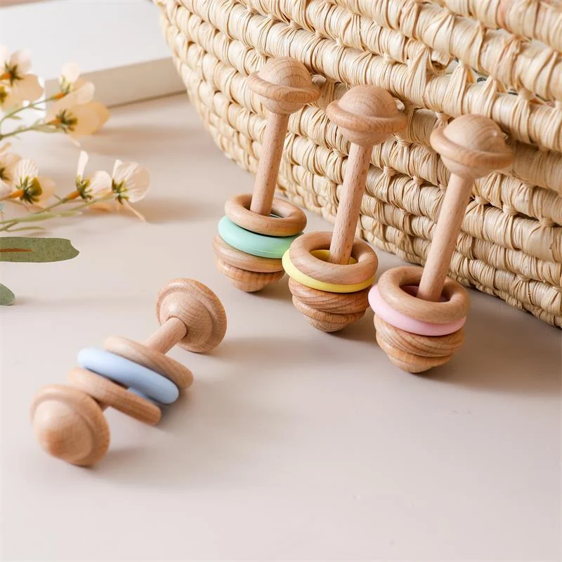 Wooden Silicone Ring Dumbbell-shaped Baby Rattle — image 8