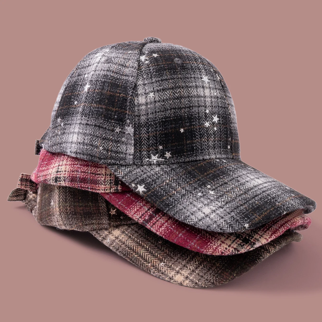 Wool Check Pattern Silver Glitter Star Embossed Baseball Cap, Retro And Fashionable,… — image 4