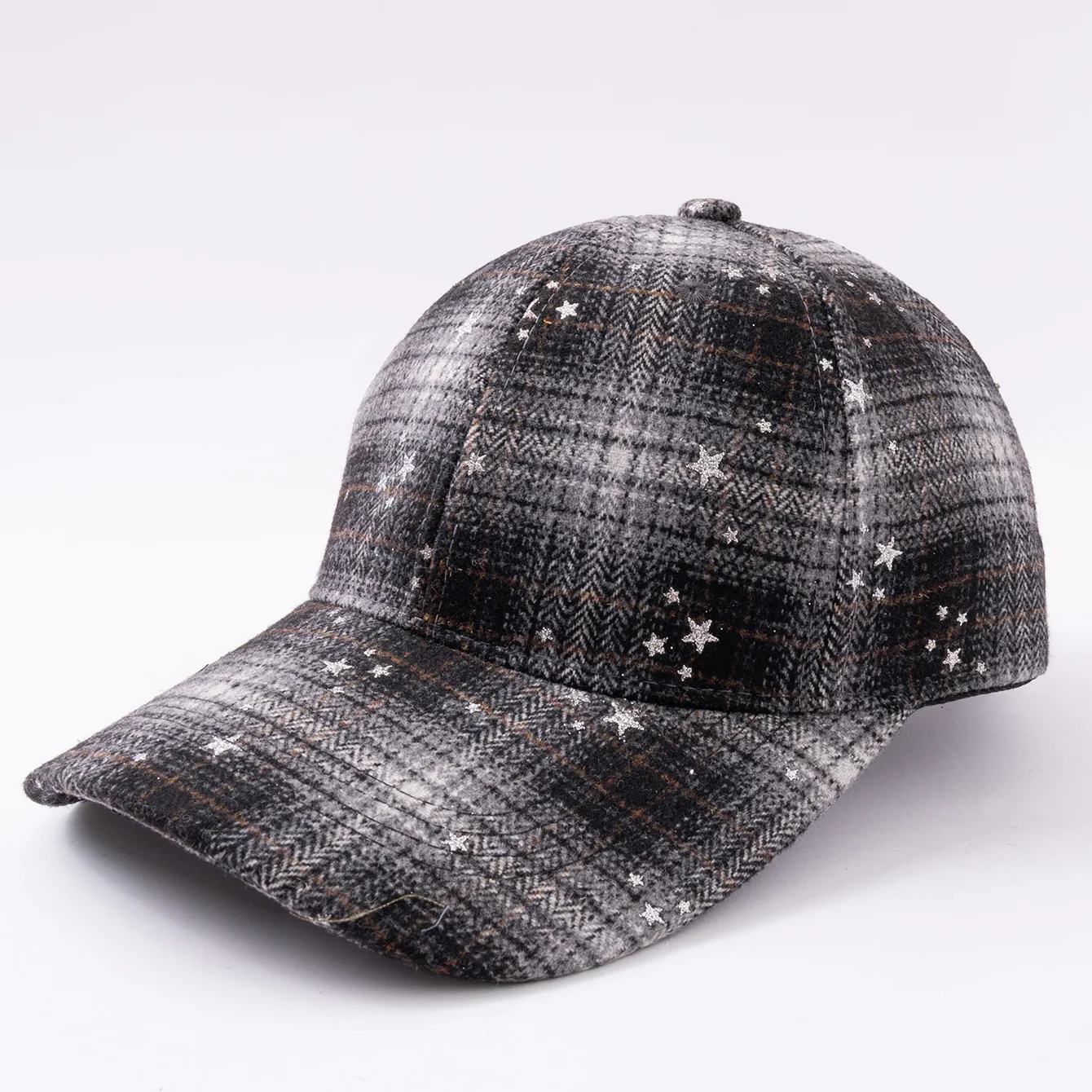 Wool Check Pattern Silver Glitter Star Embossed Baseball Cap, Retro And Fashionable,… — image 2